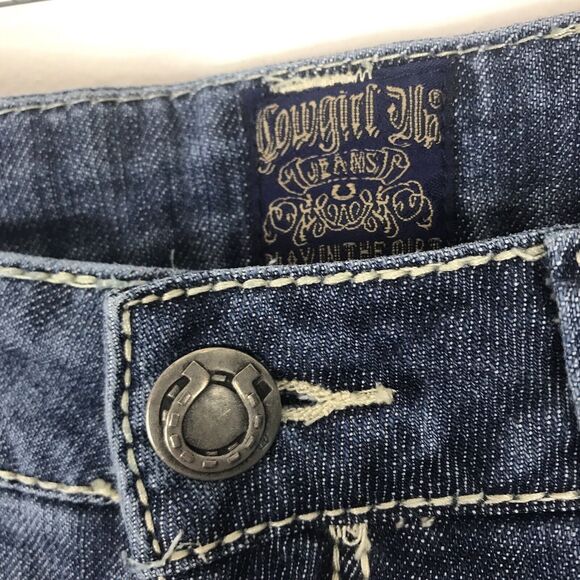 Cowgirl Up Jeans Western Bootcut Flare Blue 6 W29 Embellished Pockets Distress - Picture 6 of 10